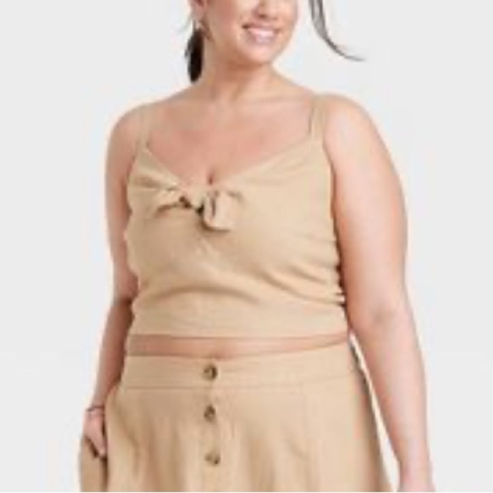 Universal Thread Khaki Tan Linen Blend Crop Tank Top Tie Bow V Neck Women 3X New